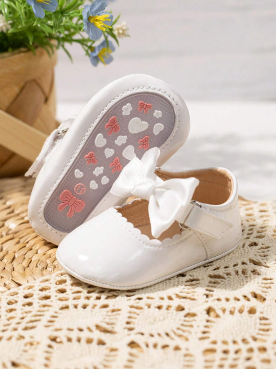 Baby Girls Hook-and-loop Fastener Bow Decor Fashionable Mary Jane Flats For Spring