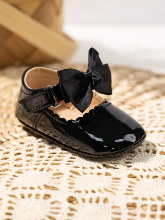 Baby Girls Hook-and-loop Fastener Bow Decor Fashionable Mary Jane Flats For Spring