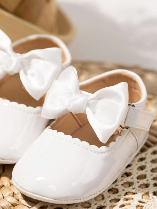 Baby Girls Hook-and-loop Fastener Bow Decor Fashionable Mary Jane Flats For Spring