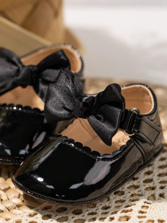 Baby Girls Hook-and-loop Fastener Bow Decor Fashionable Mary Jane Flats For Spring