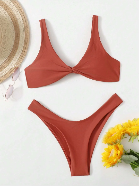 Swim Basics Twist Front High Cut Bikini Swimsuit