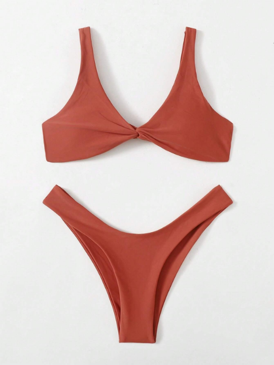 Swim Basics Twist Front High Cut Bikini Swimsuit