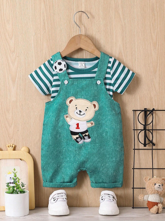 Baby Boy Striped Tee & Bear Patched Overall Romper