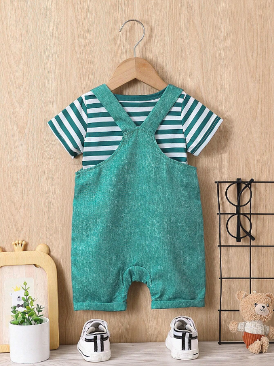 Baby Boy Striped Tee & Bear Patched Overall Romper