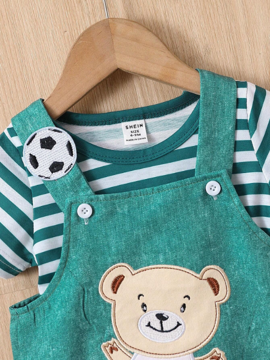 Baby Boy Striped Tee & Bear Patched Overall Romper