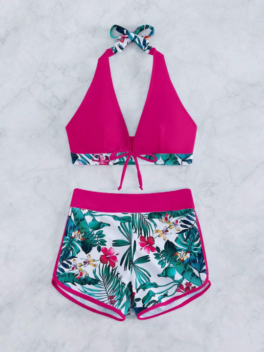 Swim Vcay Tropical Print Halter Bikini Swimsuit