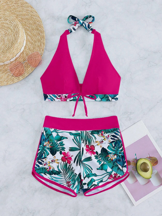 Swim Vcay Tropical Print Halter Bikini Swimsuit