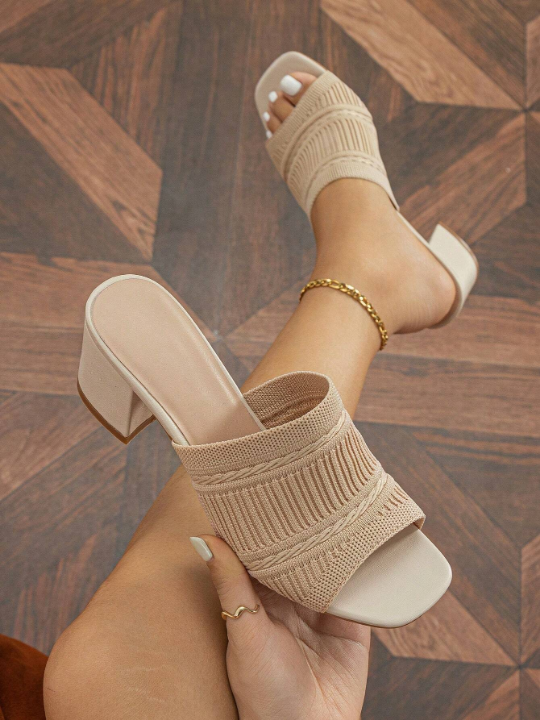 Women Minimalist Mule Sandals, Fabric Chunky Heeled Elegant Sandals