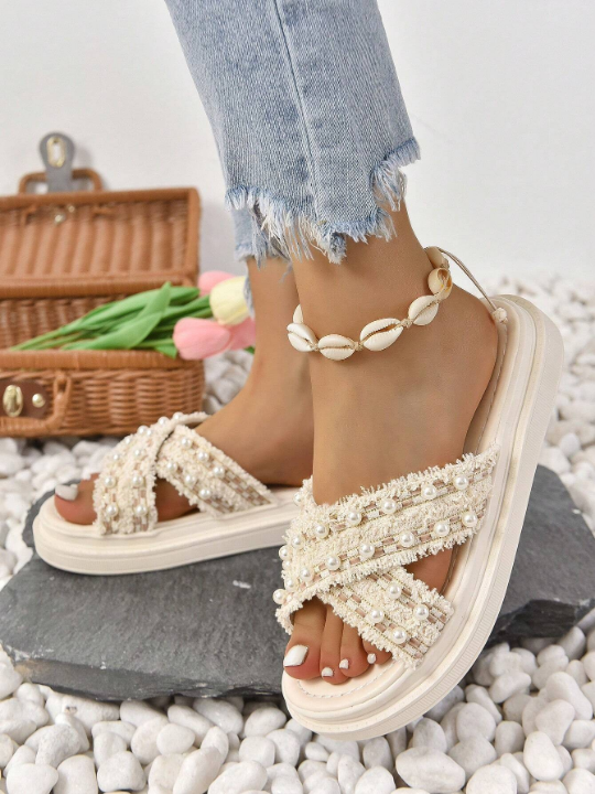 Preppy Wedge Slide Sandals For Women, Faux Pearl Decor Raw Trim Cross Strap Flatform Sandals