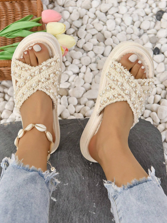 Preppy Wedge Slide Sandals For Women, Faux Pearl Decor Raw Trim Cross Strap Flatform Sandals