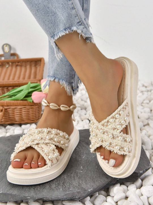 Preppy Wedge Slide Sandals For Women, Faux Pearl Decor Raw Trim Cross Strap Flatform Sandals