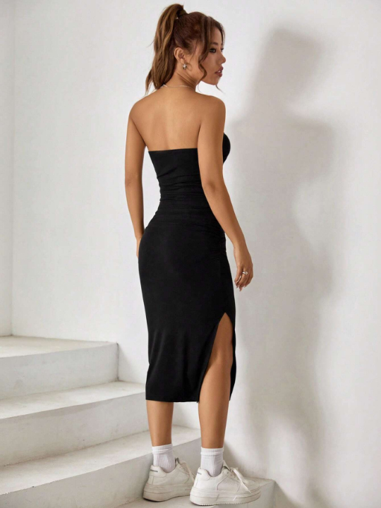 EZwear Summer Outfit Split Thigh Black Tube Bodycon Dress