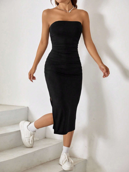 EZwear Summer Outfit Split Thigh Black Tube Bodycon Dress