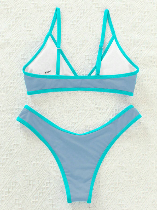 Contrast Binding Triangle Bikini Swimsuit