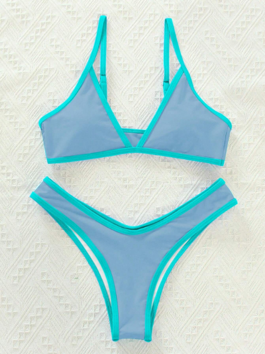 Contrast Binding Triangle Bikini Swimsuit