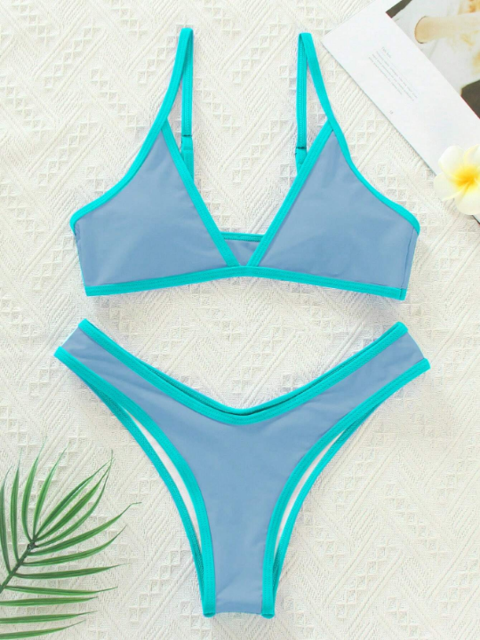 Contrast Binding Triangle Bikini Swimsuit