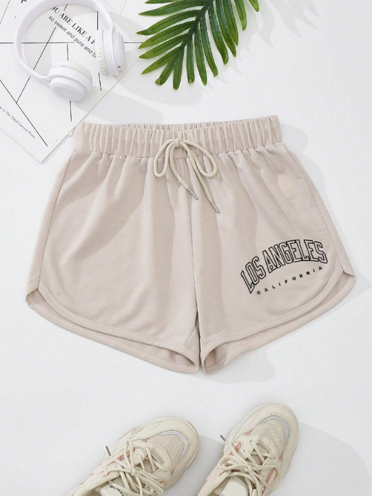 Letter Graphic Drawstring Waist Track Shorts