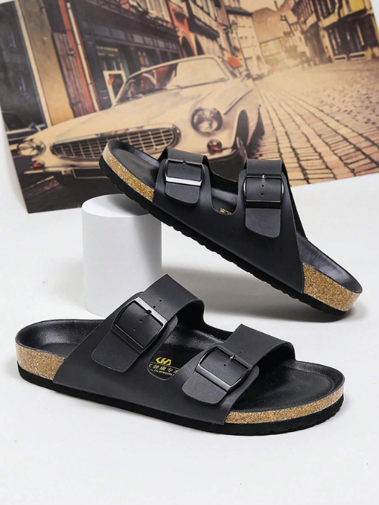 Men Double Buckle Decor Slides, Black Outdoor Slides