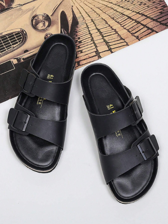 Men Double Buckle Decor Slides, Black Outdoor Slides