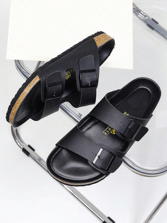 Men Double Buckle Decor Slides, Black Outdoor Slides