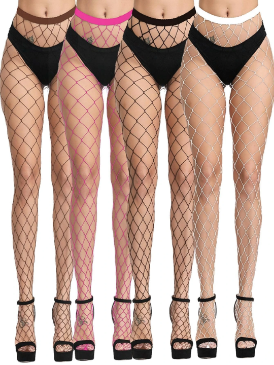 4pairs Women Mixed Color Hollow Out Fashionable Fishnet Tights For Daily Life