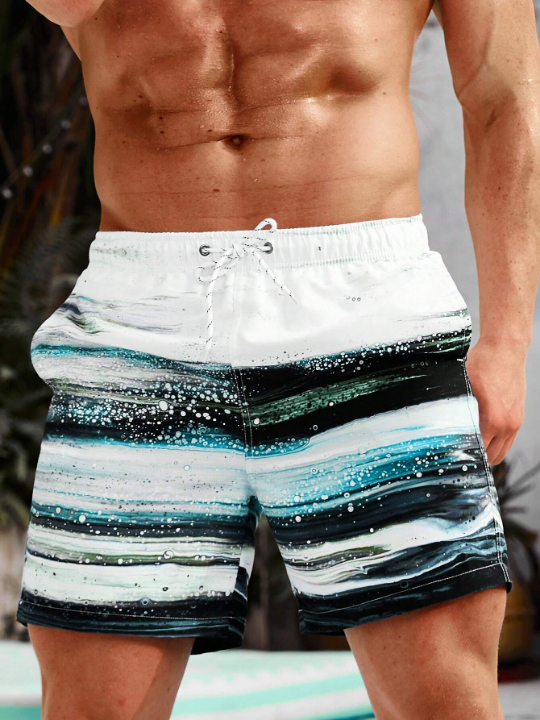 Manfinity Swimmode Men Brush Print Drawstring Waist Swim Trunks