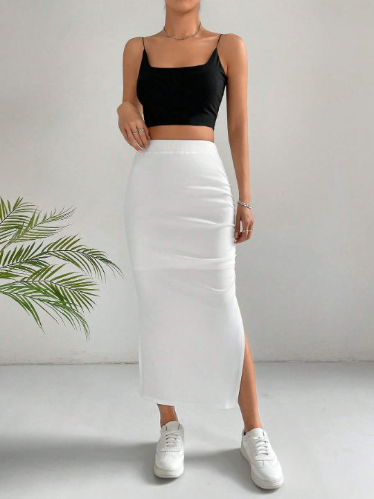 EZwear Women's Summer Fashionable Solid White Ruched Split Thigh Skirt