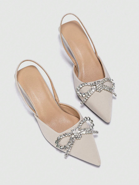 Women Rhinestone & Bow Decor Slingback Pumps, Point Toe Pyramid Heeled Glamorous Pumps