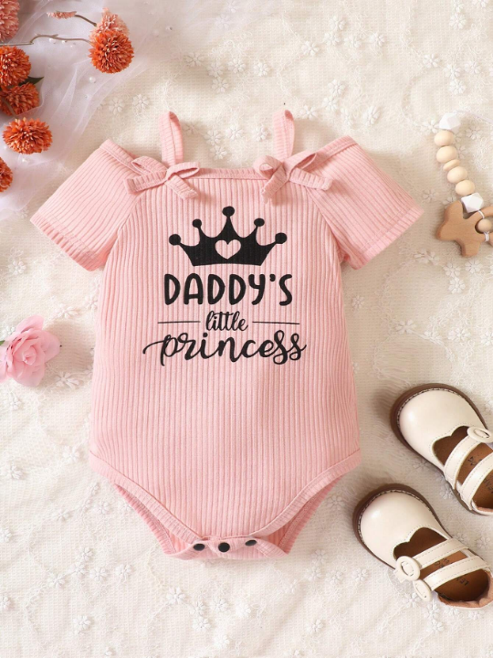 Baby Girl Crown & Letter Graphic Cold Shoulder Ribbed Knit Bodysuit