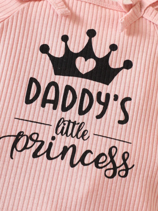 Baby Girl Crown & Letter Graphic Cold Shoulder Ribbed Knit Bodysuit