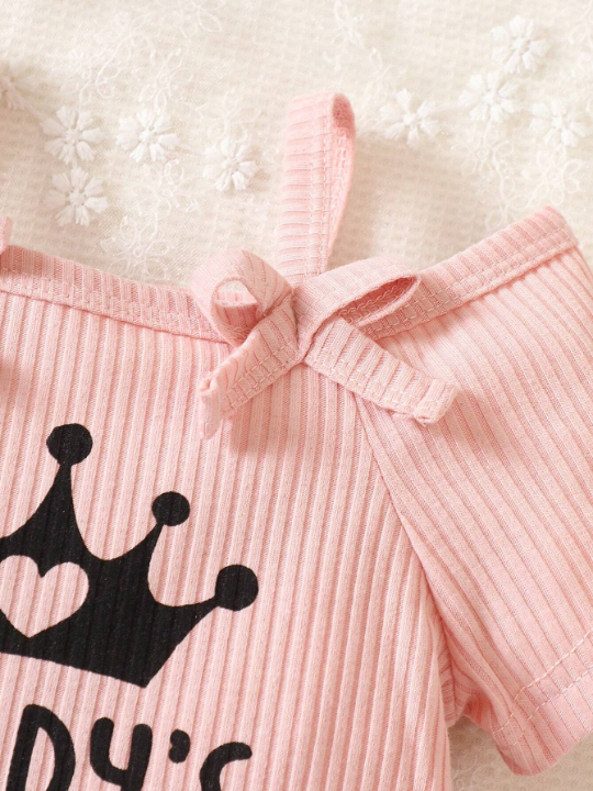 Baby Girl Crown & Letter Graphic Cold Shoulder Ribbed Knit Bodysuit