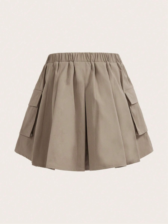 Tween Girl's Woven Solid Color Loose Casual Pleated Skirt