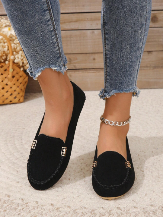 Women Metal Decor Slip On Flats, Elegant Black Loafer Flats For Outdoor