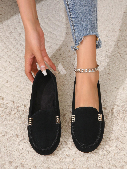 Women Metal Decor Slip On Flats, Elegant Black Loafer Flats For Outdoor