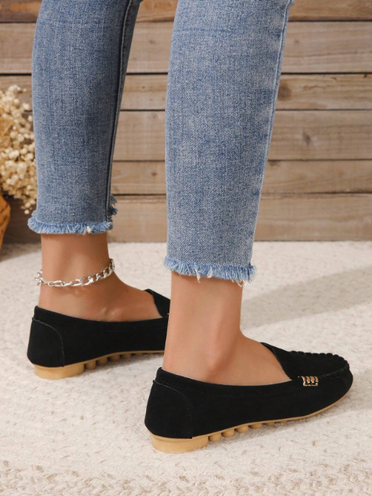 Women Metal Decor Slip On Flats, Elegant Black Loafer Flats For Outdoor