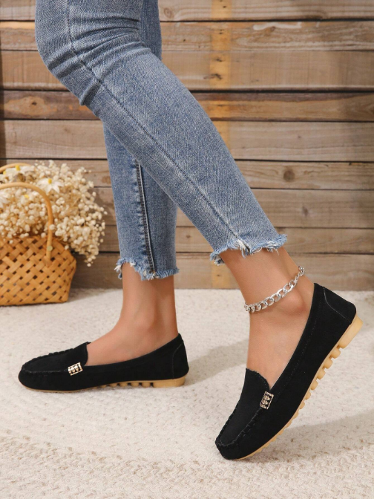 Women Metal Decor Slip On Flats, Elegant Black Loafer Flats For Outdoor