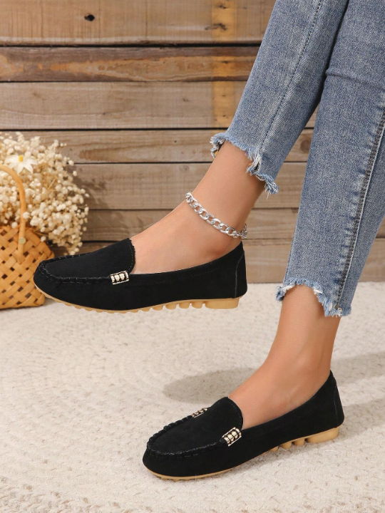 Women Metal Decor Slip On Flats, Elegant Black Loafer Flats For Outdoor