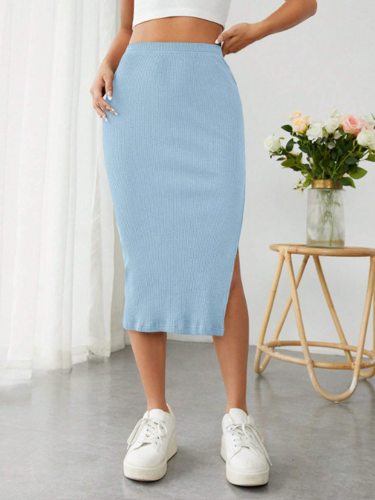 PETITE Solid Ribbed Knit Split Thigh Skirt