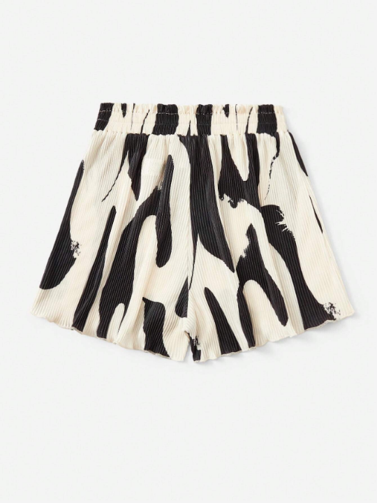 WYWH Graphic Print Paperbag Waist Plisse Shorts