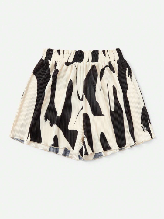 WYWH Graphic Print Paperbag Waist Plisse Shorts