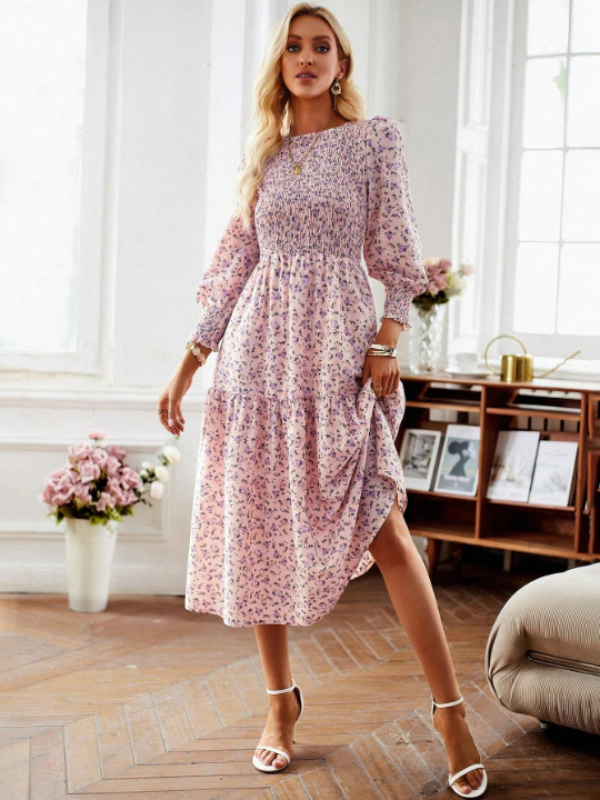 Frenchy Ditsy Floral Print Puff Sleeve Ruffle Hem Dress