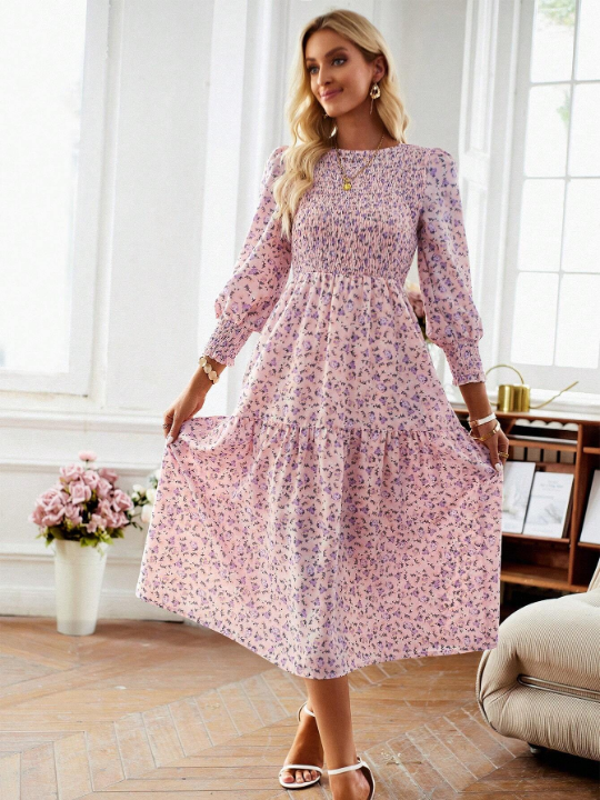 Frenchy Ditsy Floral Print Puff Sleeve Ruffle Hem Dress