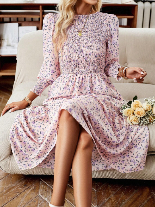 Frenchy Ditsy Floral Print Puff Sleeve Ruffle Hem Dress