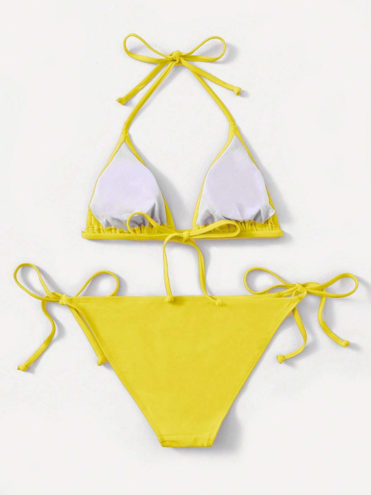 Swim Basics Solid Halter Triangle Tie Side Bikini Swimsuit