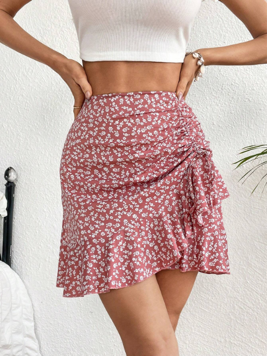 WYWH Ditsy Floral Print Drawstring Ruffle Hem Skirt