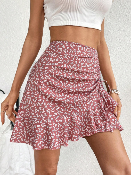 WYWH Ditsy Floral Print Drawstring Ruffle Hem Skirt