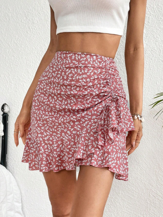 WYWH Ditsy Floral Print Drawstring Ruffle Hem Skirt