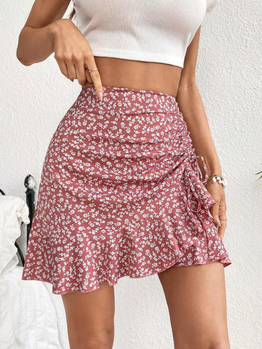 WYWH Ditsy Floral Print Drawstring Ruffle Hem Skirt