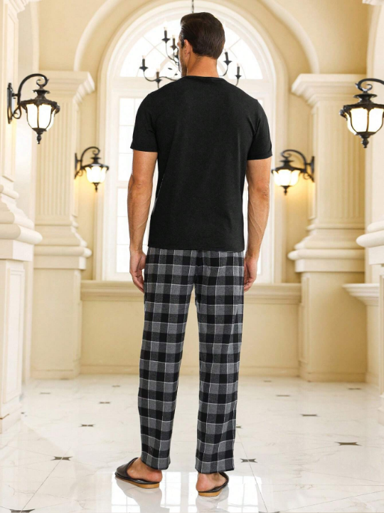 Men Solid Tee & Gingham Print Pants PJ Set