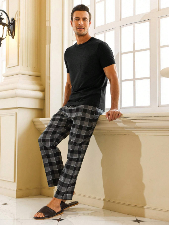 Men Solid Tee & Gingham Print Pants PJ Set